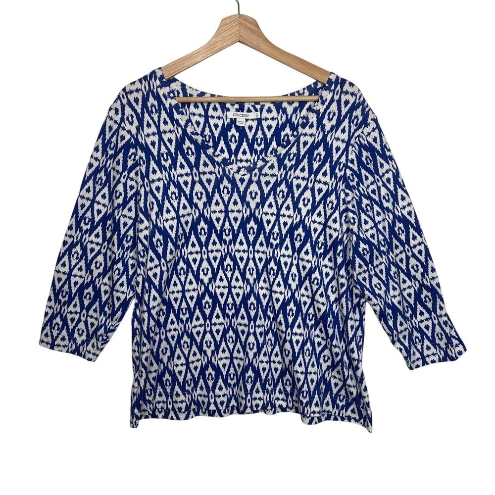 Chico’s Pima Cotton 3/4 Sleeve Ikat Print Shirt Top Blue White Sz 3 / XL Casual